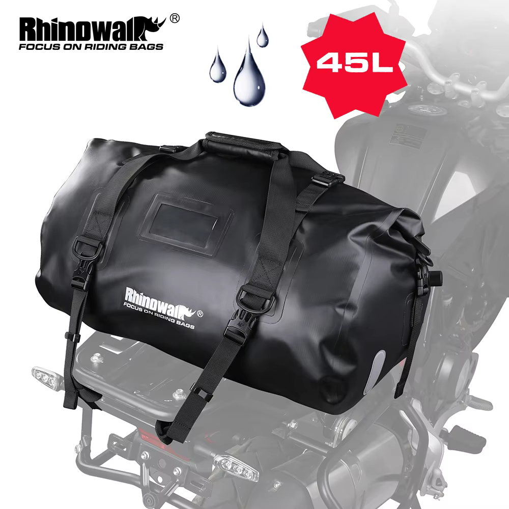 Rhinowalk Waterproof Motorcycle Tail Bag 45L PVC Saddle Dry Luggage Outdoor Back Sear Pack Motorbike Pannier Shoulder Bag Travel