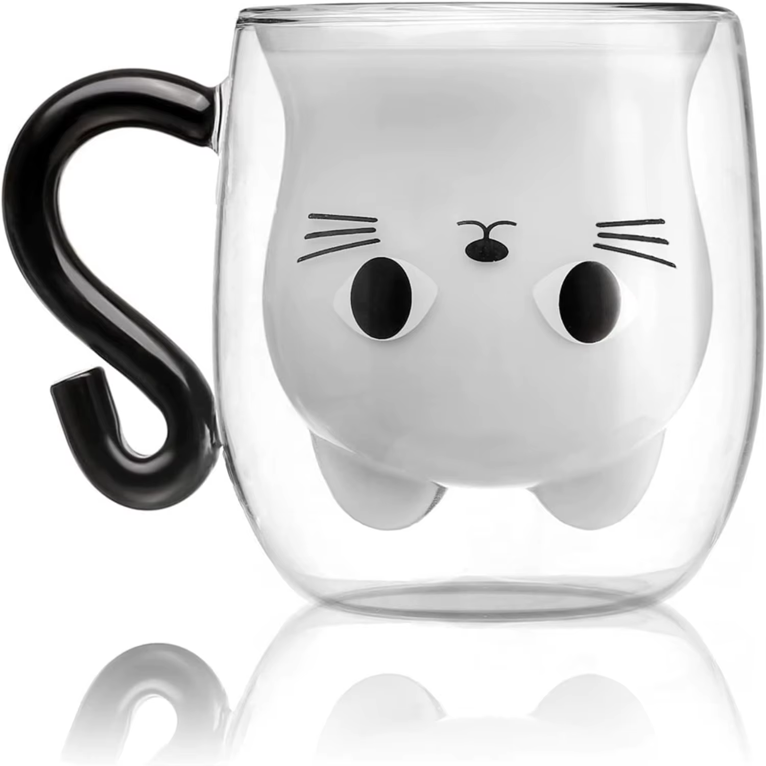 Phitihui Cat Mug, Double Wall Glass Coffee Tea Cup, Gifts for Women Wife Mum Her Girl Teacher, Birthday Present (Black)