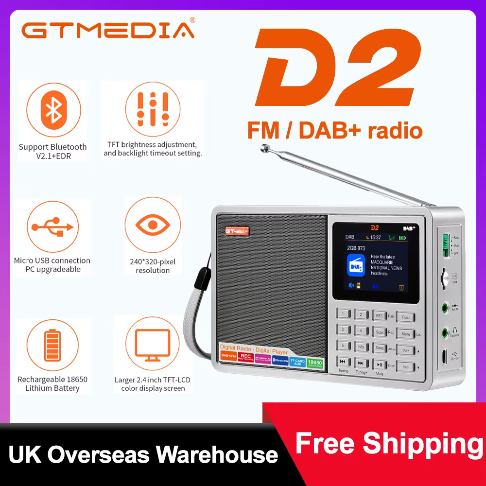 GTMEDIA D2 FM/DAB Radio LCD display，Bluetooth\TF card digital player DAB+/FM program recording，stereo earphone listening Radio