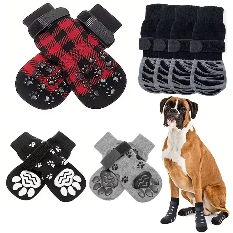 4Pcs/set Anti-Slip Dog Socks 4pcs Paw Protector Traction Control Adjustable Indoor Wear Knitted with Rubber Reinforcement