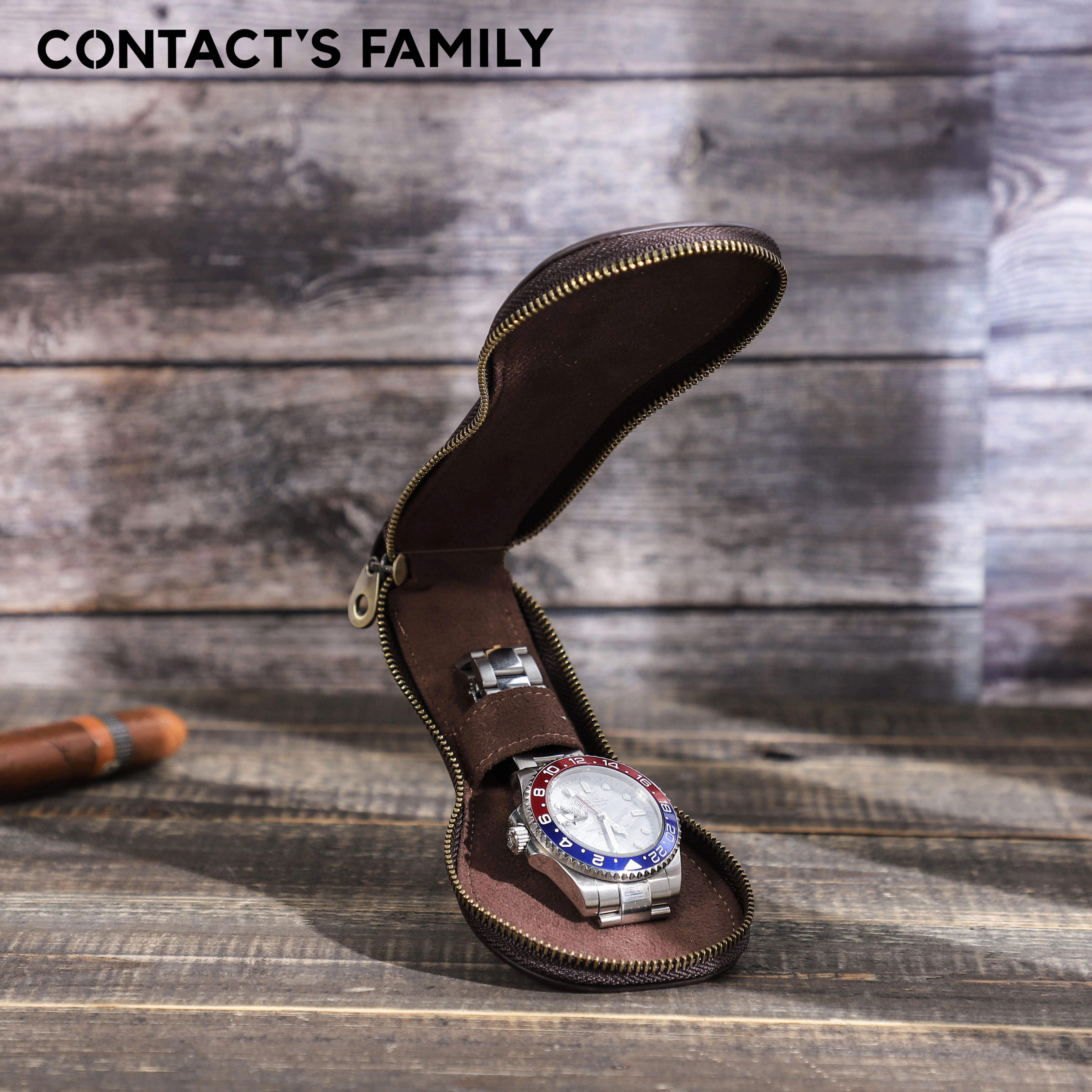 CONTACT'S FAMILY Watch Roll Travel Case Chic Portable Vintage Leather Display Watch Storage Box with Zipper Watch Organizers