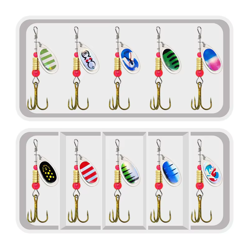10pcs/Set Spinner Lure 10 Colors with Treble Hook Metal Spoon Lure Hard Fishing Lure with Fishing Tackle Box