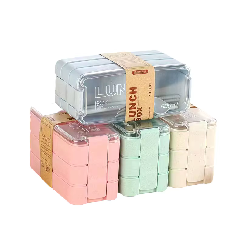 Kids Bento Box 3 Layer Stackable Lunch Box Leakproof Portable Lunch Food Container Wheat Straw Food Storage Box Dishwasher Safe