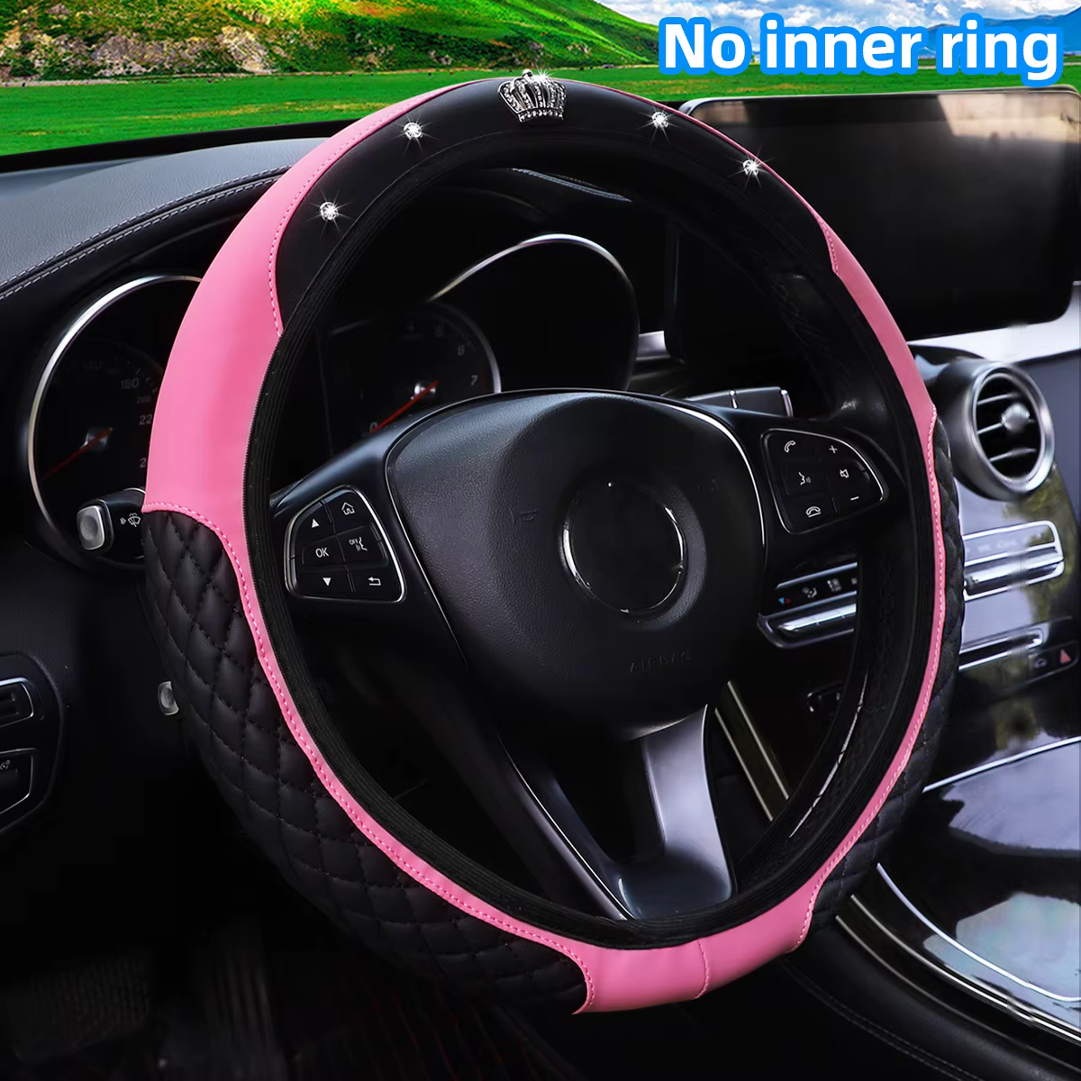 1 PU embroidered crown set with artificial diamond Blingbling leather steering wheel cover without inner ring fits 14.5-15 inche