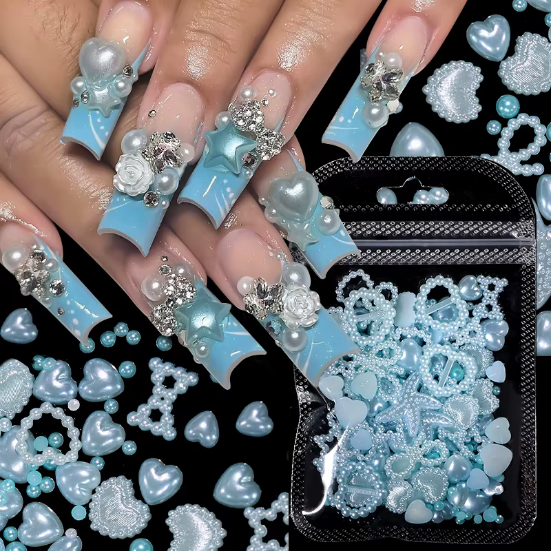 100pcs Pearl Blue Bowknot Heart Shaped Nail Charms Mix Colorful For Art Flatback 3D Flower DIY Nail Decorations Bulk Accessories