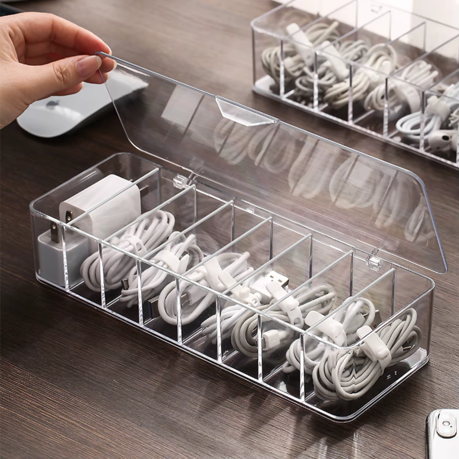 Transparent Multipurpose Plastic Cable Box Container for Organizing Stationery, Headphones, Charging Cables, and Desk Accessorie