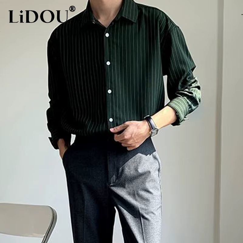 2023 New Korean Fashion Autumn Shirts Men Business Casual Neat Capable Hipster Street England Style Elegant Stripe Clothes Top