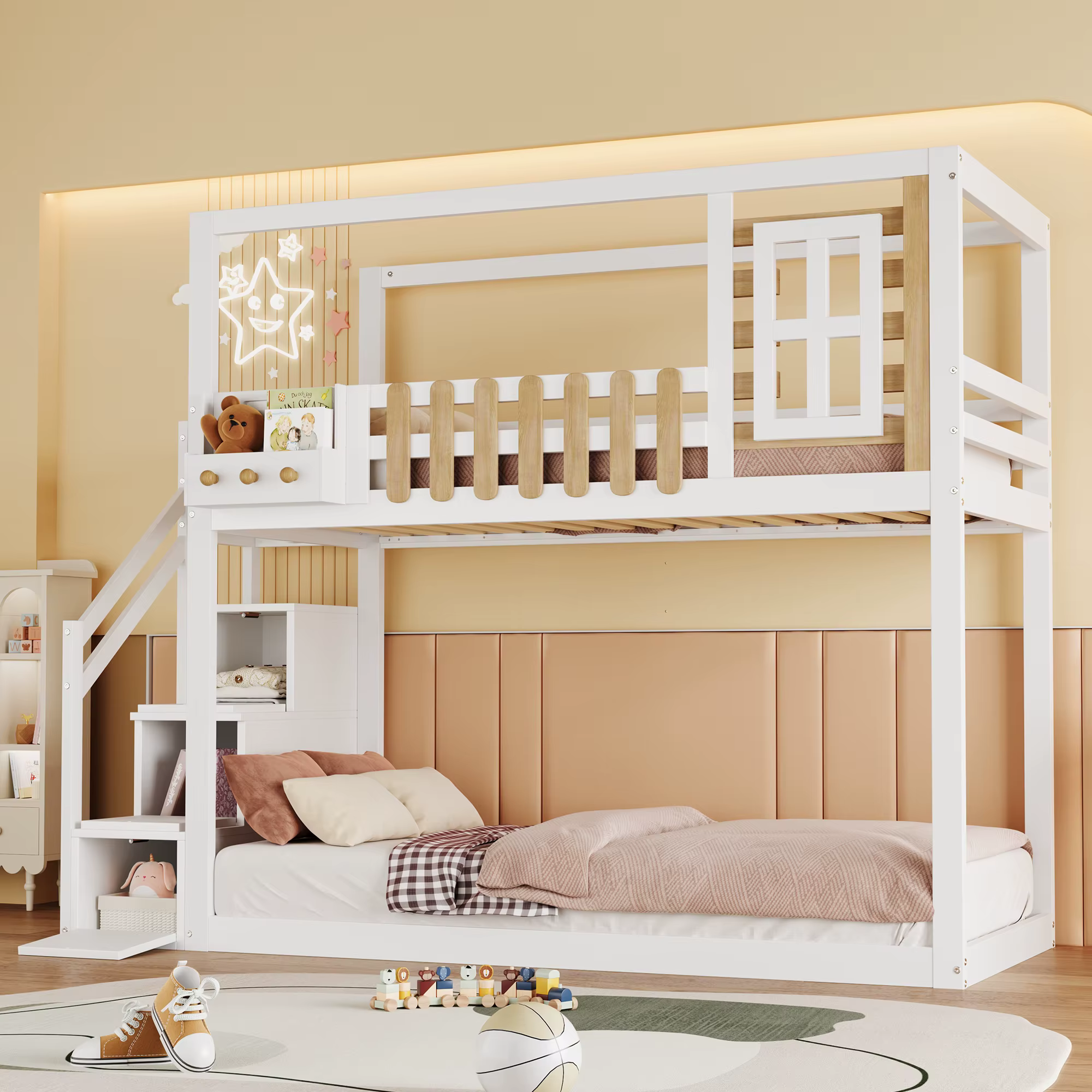 Children's Bunk Bed with 3 Lockers, Stairs, Window and Shelf, 90x200cm Bed Frame with Fall Protection Grille