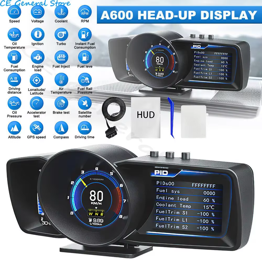 A600 Newest Head Up Display Auto Display OBD2+GPS Smart Car HUD Gauge Digital Odometer Security Alarm Water&Oil Temp. RPM