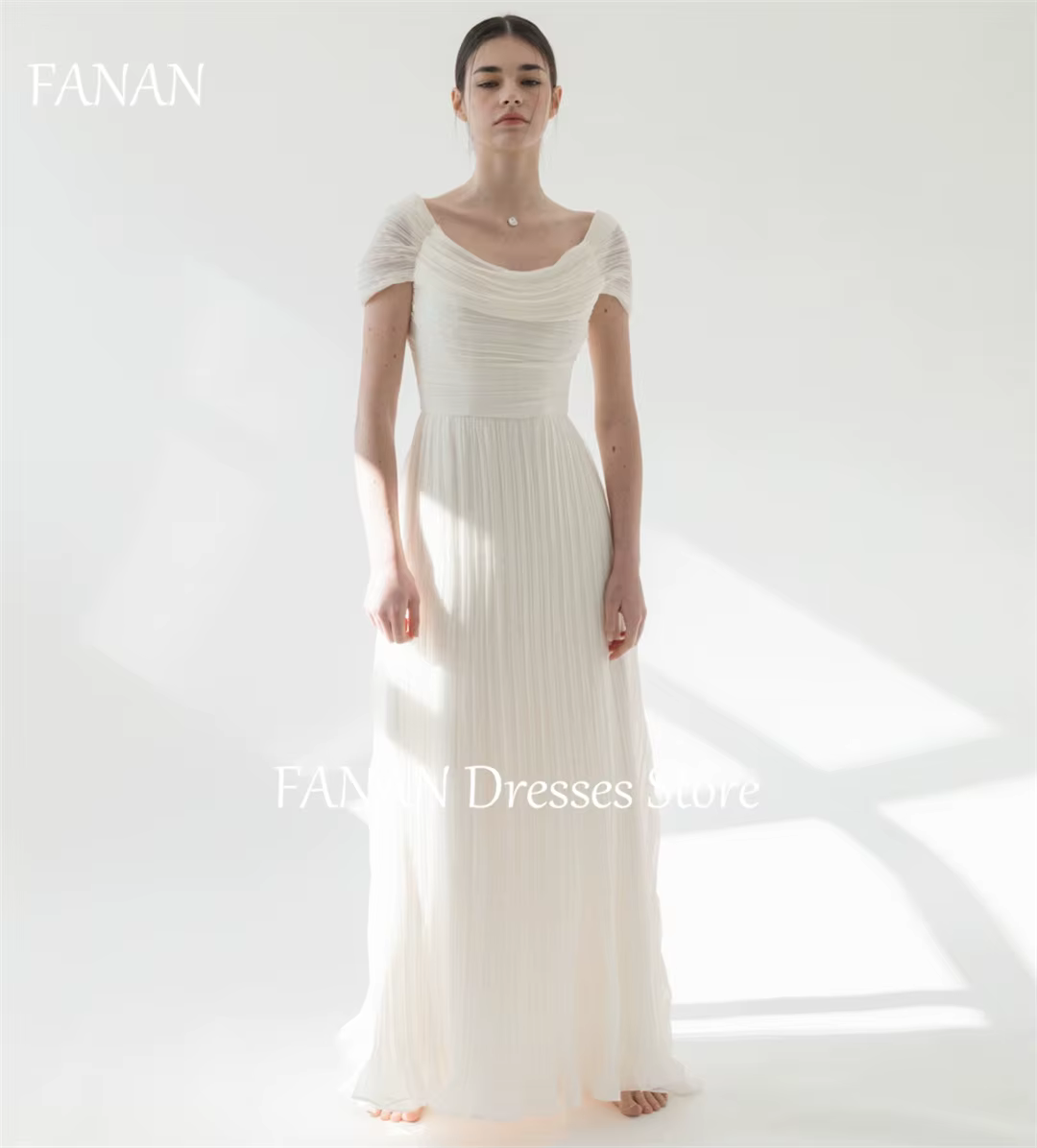 FANAN Cowl Neck Japan Wedding Dresses Short Sleeves Chiffon ウェディングドレスです Ivory Simple Pleated Custom Made Bride Gowns Plus Size