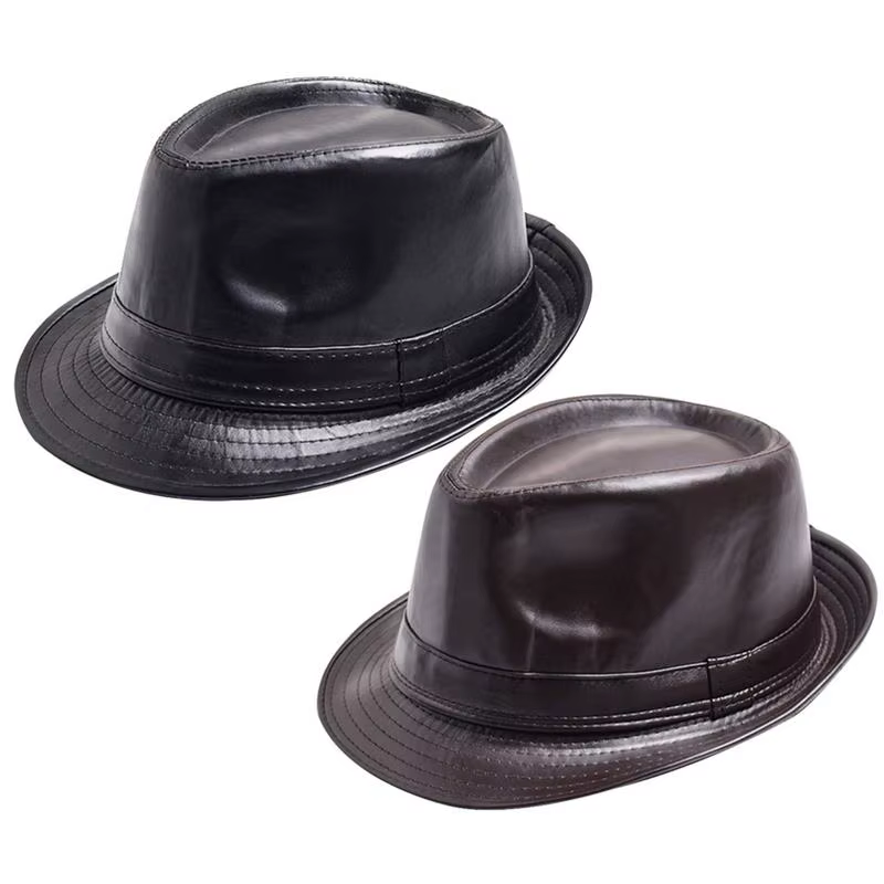 Fashion Vintage Hat Gentleman Classic Fedora Hat PU Leather Jazz Cap with Large Brim for Men Women Dinner Party