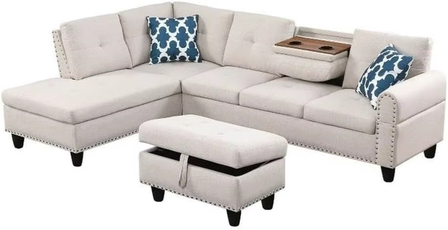 Polyester Fabric Sectional Sofa with Lift-top Storage Ottoman, Tufted Design, in Beige Finish