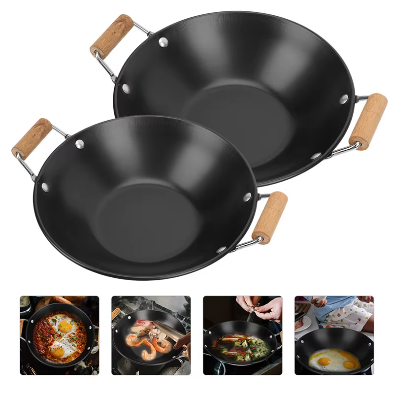 Stainless Steel Griddle Induction Frying Pan Cooking Thickened Dry Pot Wooden Individual Handle Kitchen Supply Double Ear