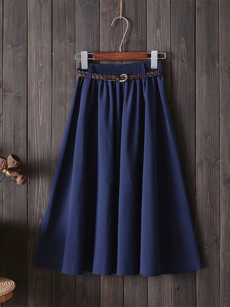 Midi Knee Length Summer Skirt Women With Belt Fashion Korean Ladies High Waist Pleated A-line School Skirt Female