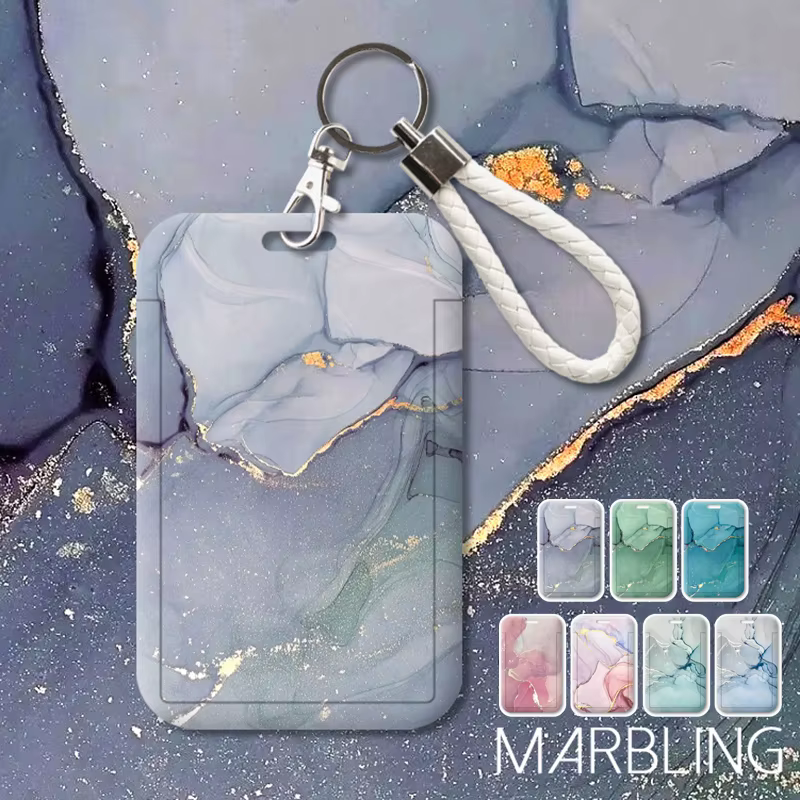Marble Color Card Holder Case Creative Student ID Bus Card Holder with Keychain Lanyard Office Worker Card Protector