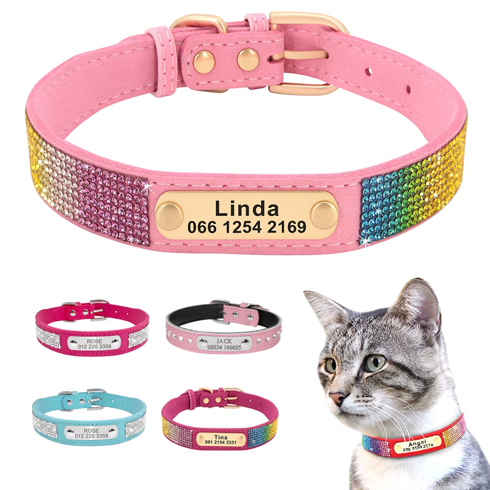 Personalized Cat Collar Bling Rhinestone Small Dog Cats Collars Free Custom Kitten Puppy Nameplate ID Necklace Pet Accessories