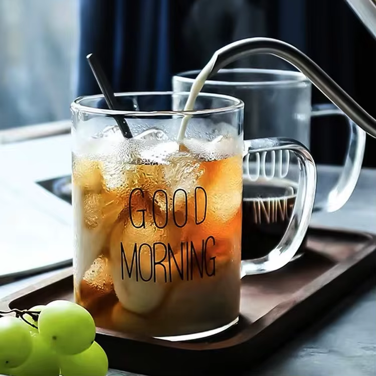 Transparent Glass Cup Mens and Womens Cute ins Style with Lid and Spoon with Handle High Borosilicate Water Cup Creative Inter