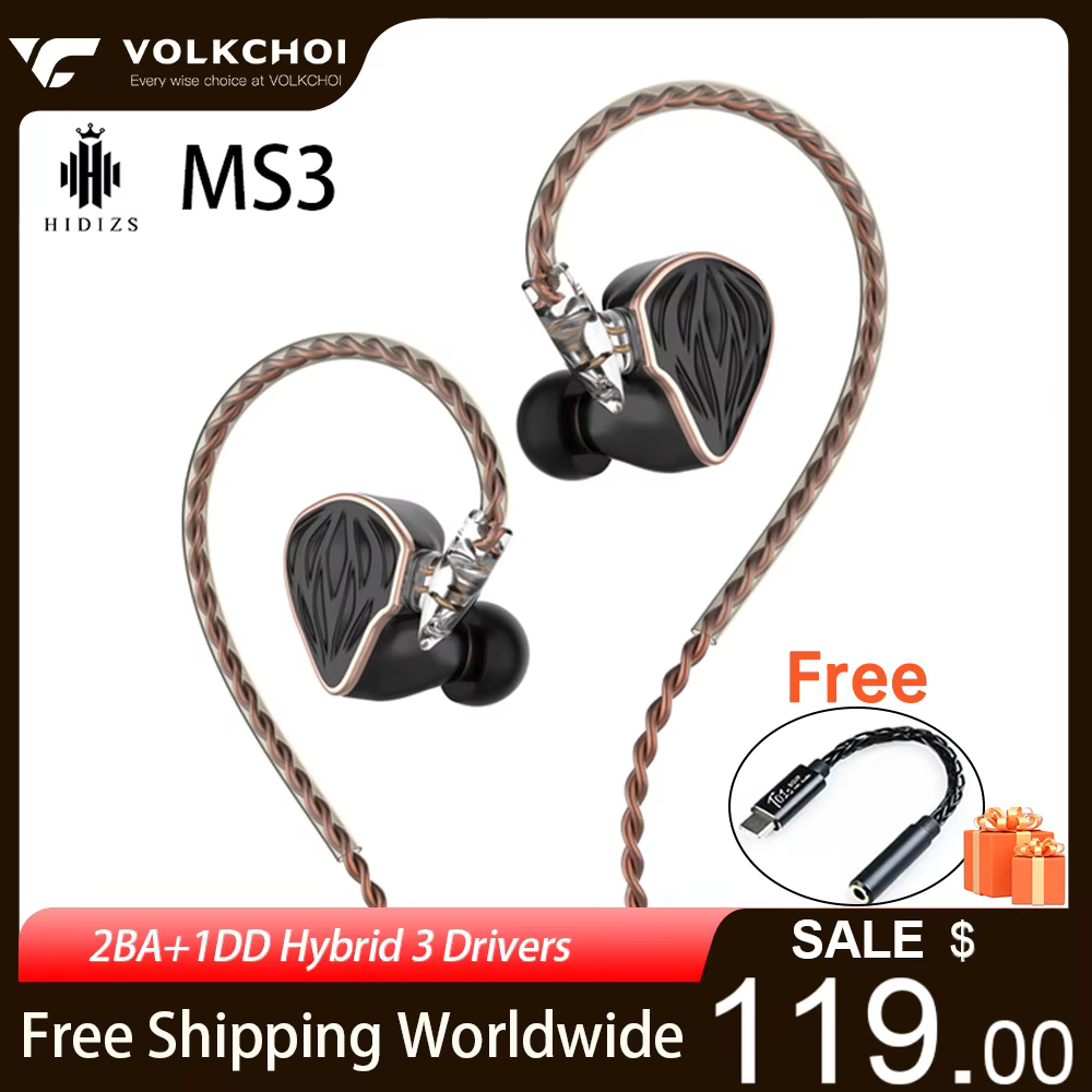 Hidizs MS3 In-Ear Earphones 2BA+1DD Hybrid 3 Drivers HiFi Earphones Monitor With Detachable 0.78mm 2Pin Cable Wired Earbuds