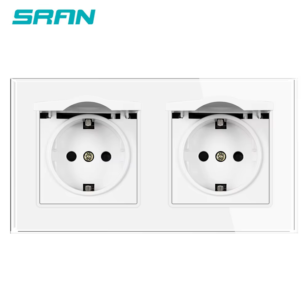 SRAN Double Eu sockets with cover dustproof, 16A EU Standard wall plugs with PlastIc Cover 153*82mm Tempered Glass Panel