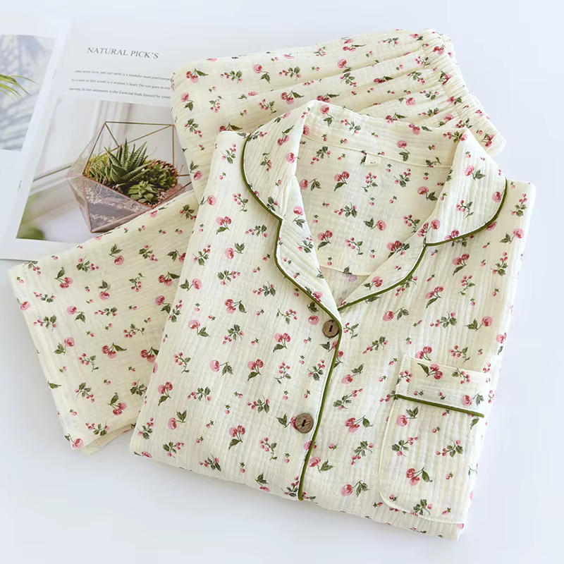 2025 Spring and Autumn Women's Pajama Set 100% Cotton Crepe Long sleeved Pants Two piece Cute and Sweet Home Fury Set Ladies