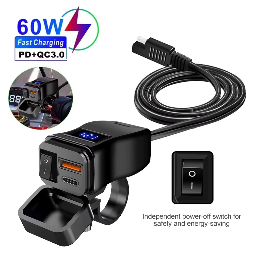 Motorcycle Handlebar Usb Fast Charger Pd+Qc3.0 60W Handlebar Dual Usb Socket with Switch Voltmeter Waterproof 12V Power Adapter