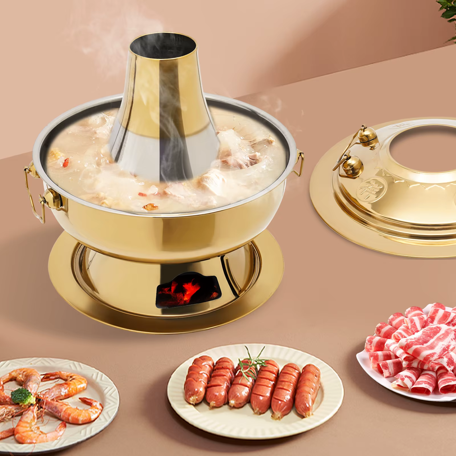Chinese Charcoal Hotpot with Chimney Vintage Stainless Steel Hotpot 2.3L  32*10cm Hollow-cut Base Anti-scald Design