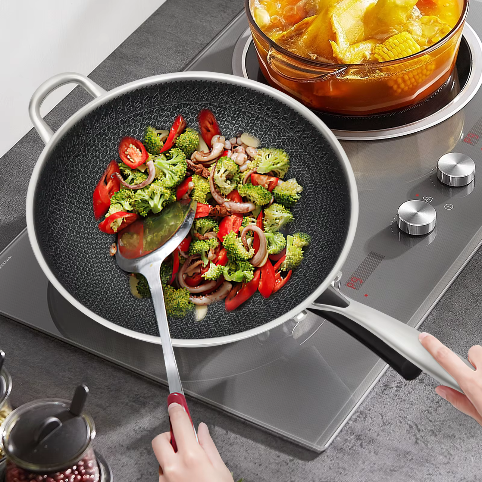 Non Stick Double Sided Honeycomb Cooking Frying Pan Stainless Steel Wok + Lid