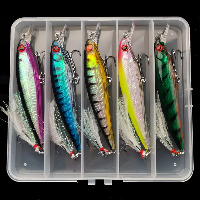 Aorace 5pcs/box Laser 3D Eyes Bionic Minnow Fishing Lure -13.3g Hard Bait with Feather Treble Hooks for Maximum Catch