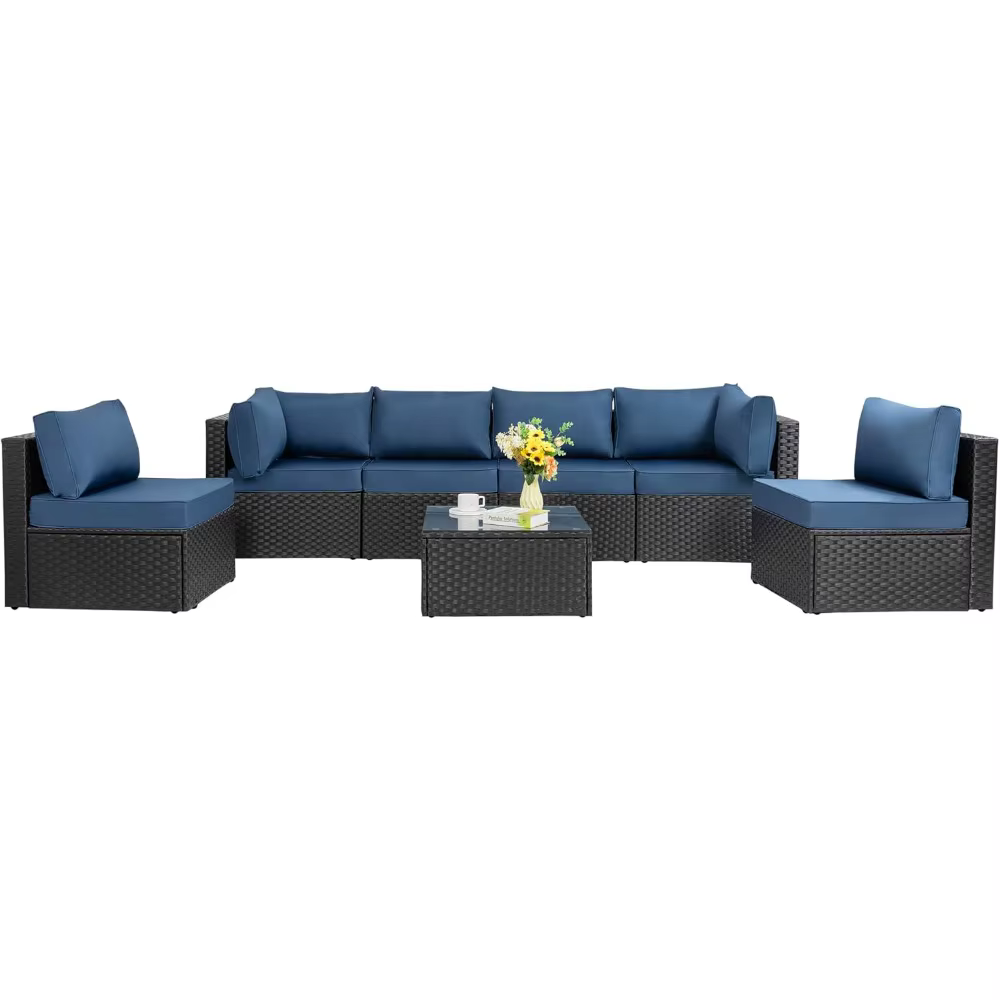 7 Pieces Outdoor Patio Sectional Sofa Couch, Black Wicker Furniture Conversation Sets with Washable Cushions & Glass Coffee