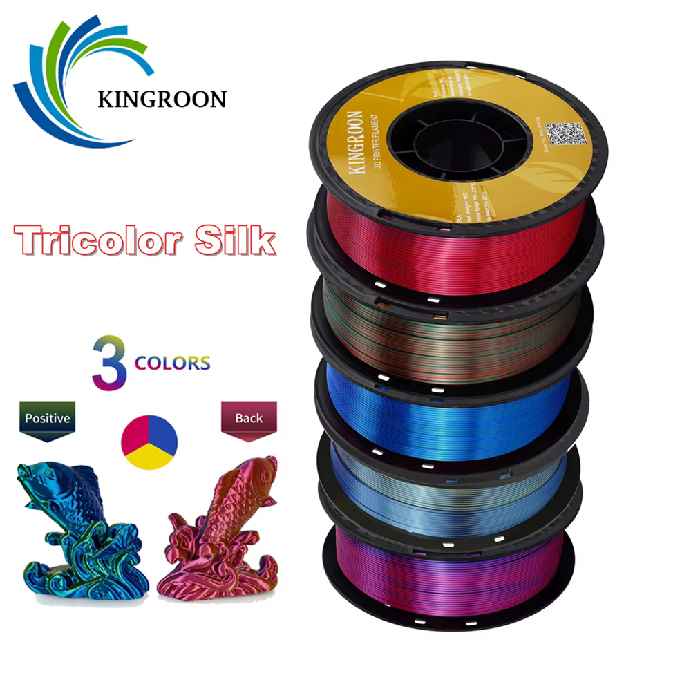 KINGROON 5KG Tricolor Silk PLA Filament 3 in 1 Multi-color 3D Printer Filaments PLA Three-Color Coextrusion Plastic, 5 Rolls 1kg