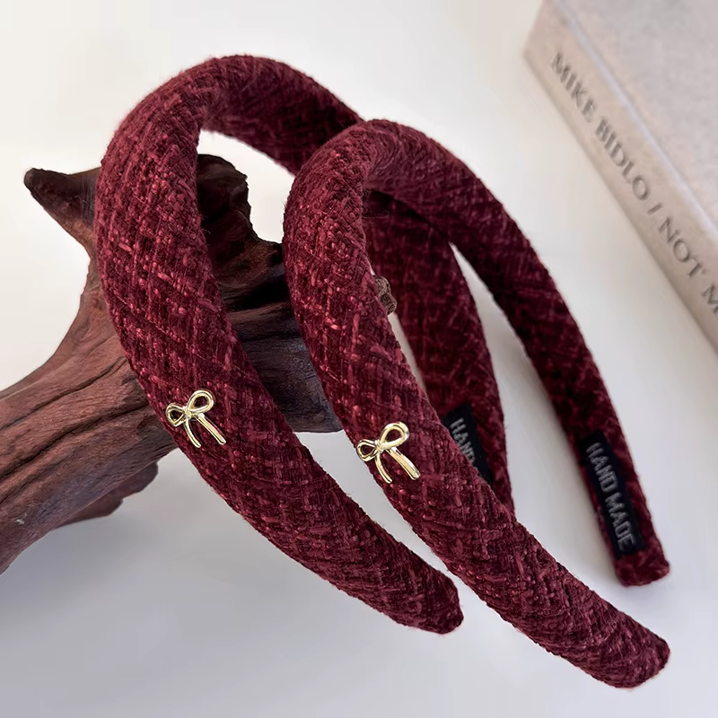 Red Plush Gold Bow Knitting Headband For Woman Retro Elegant Hair Hoop Female Christmas and New Year Hair Band Trend Accessories
