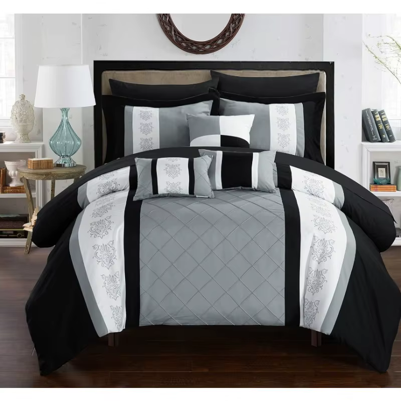Clayton 10 Comforter Pin Tuck Pieced Block Embroidery Bed in A Bag with Sheet Set Black, Queen, Grey