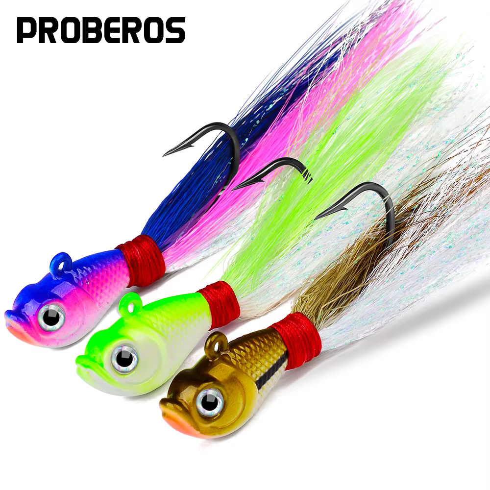 PROBEORS 1pc Metal hard bait with feathers,5 colors 7g 14g 28g 42g 56g Jig Head Hooks For Soft Bait,Outdoor Fishing Tackle