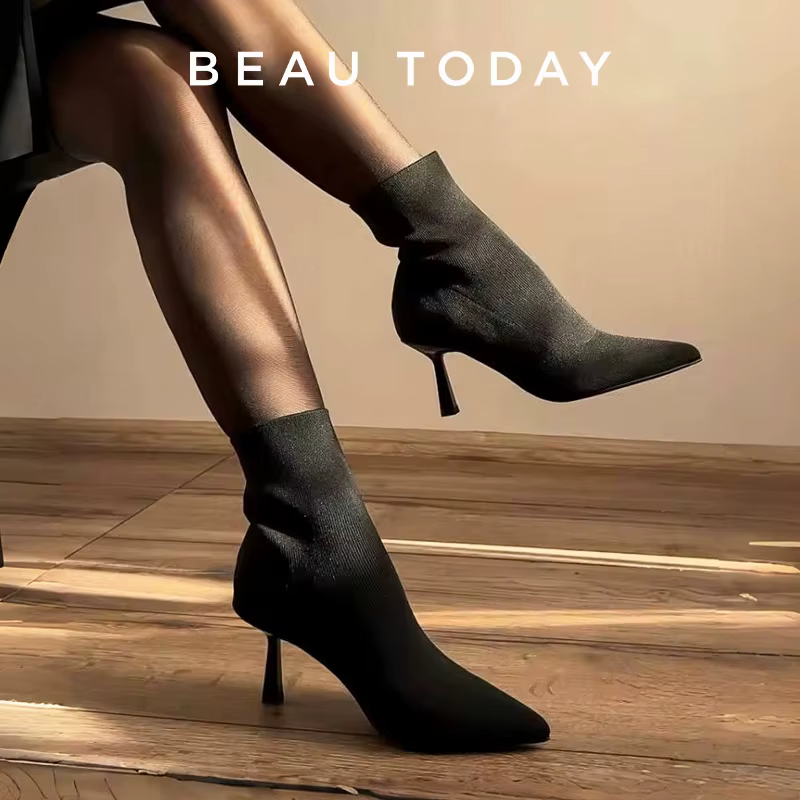 BEAUTODAY High Heel Modern Boots Women Fabric Pointed Toe Black Color 2023 Spring Retro Elegant Ladies Shoes Handmade 03925