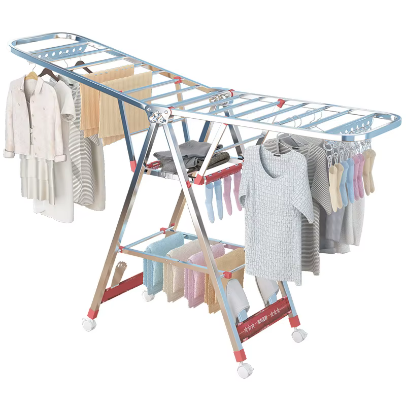 Foldable Stainless Steel Drying Rack, Floor Stand for Indoor Use, Simple Balcony Children Clothes Hanging Solution