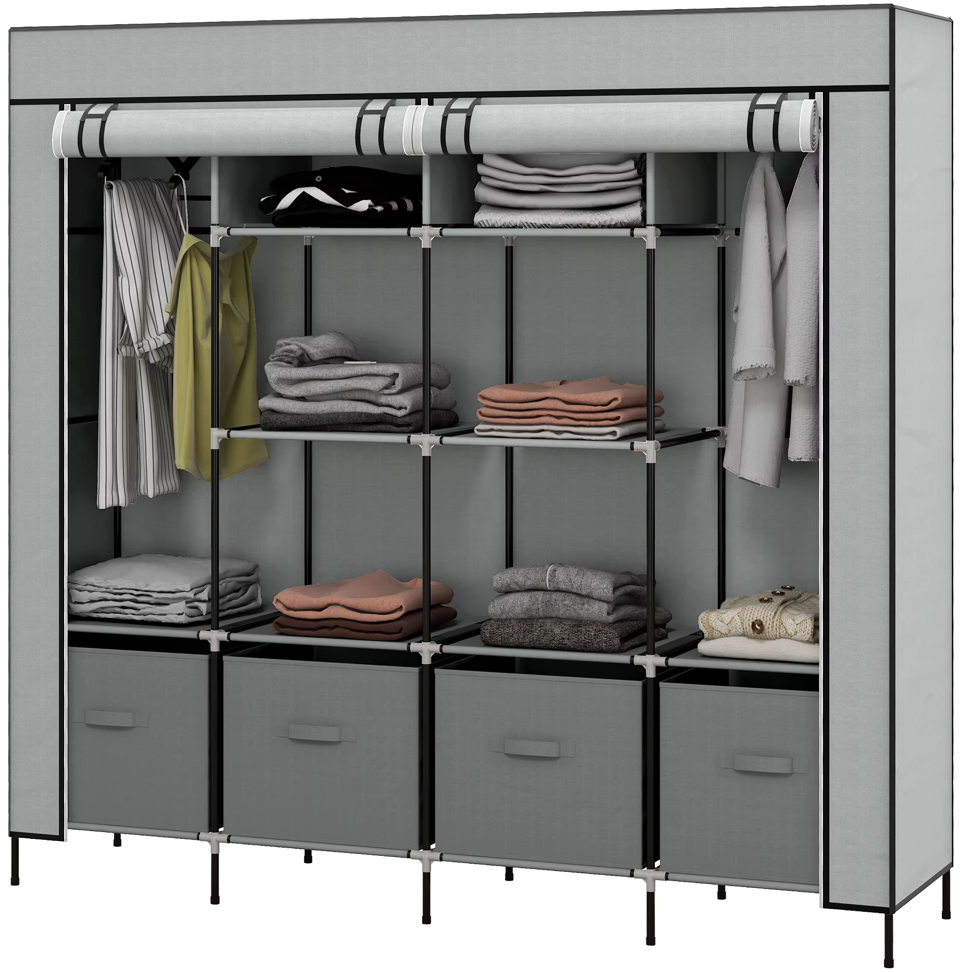HOMCOM fabric wardrobe for bedroom portable wardrobe with 10 compartments 2 hanging rails and 4 drawers of fabric 166x42,5x169,5 cm dark gray