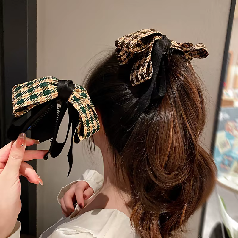 Vintage Green Houndstooth Bow Hairpin Ribbon Banana Clip For Girls High Ponytail Hair Clips Spring Clip Hair Accessories Women
