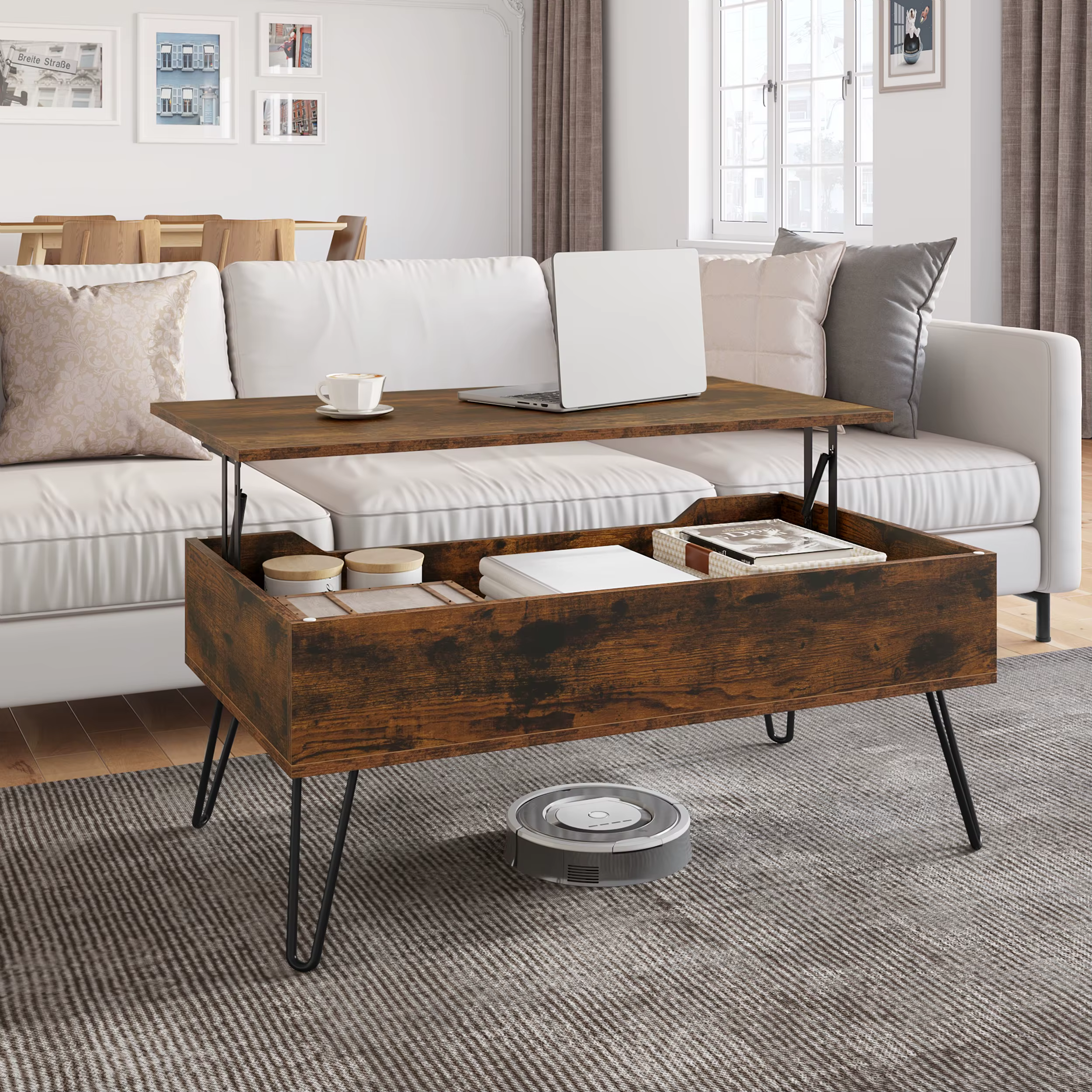 Height-Adjustable Coffee Table  Extendable Table Wooden Sofa Table with Hidden Storage Space Office  Living Room Furniture