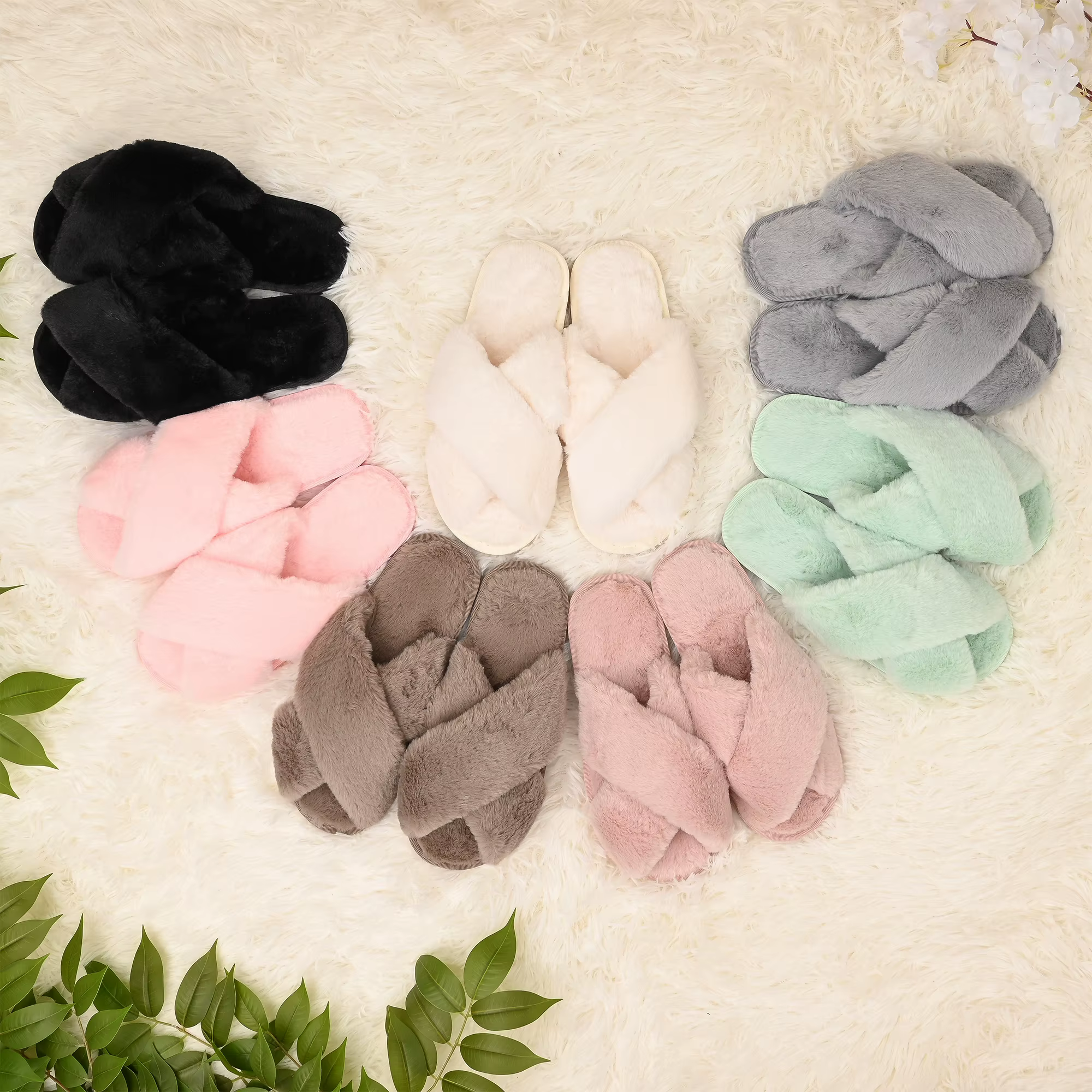 White/Black/Grey/Pink/Peach/Green/ Brown Plush Slippers, Cross Strap Slippers Plush Soft Home Slippers, EU36-EU45 Slippers