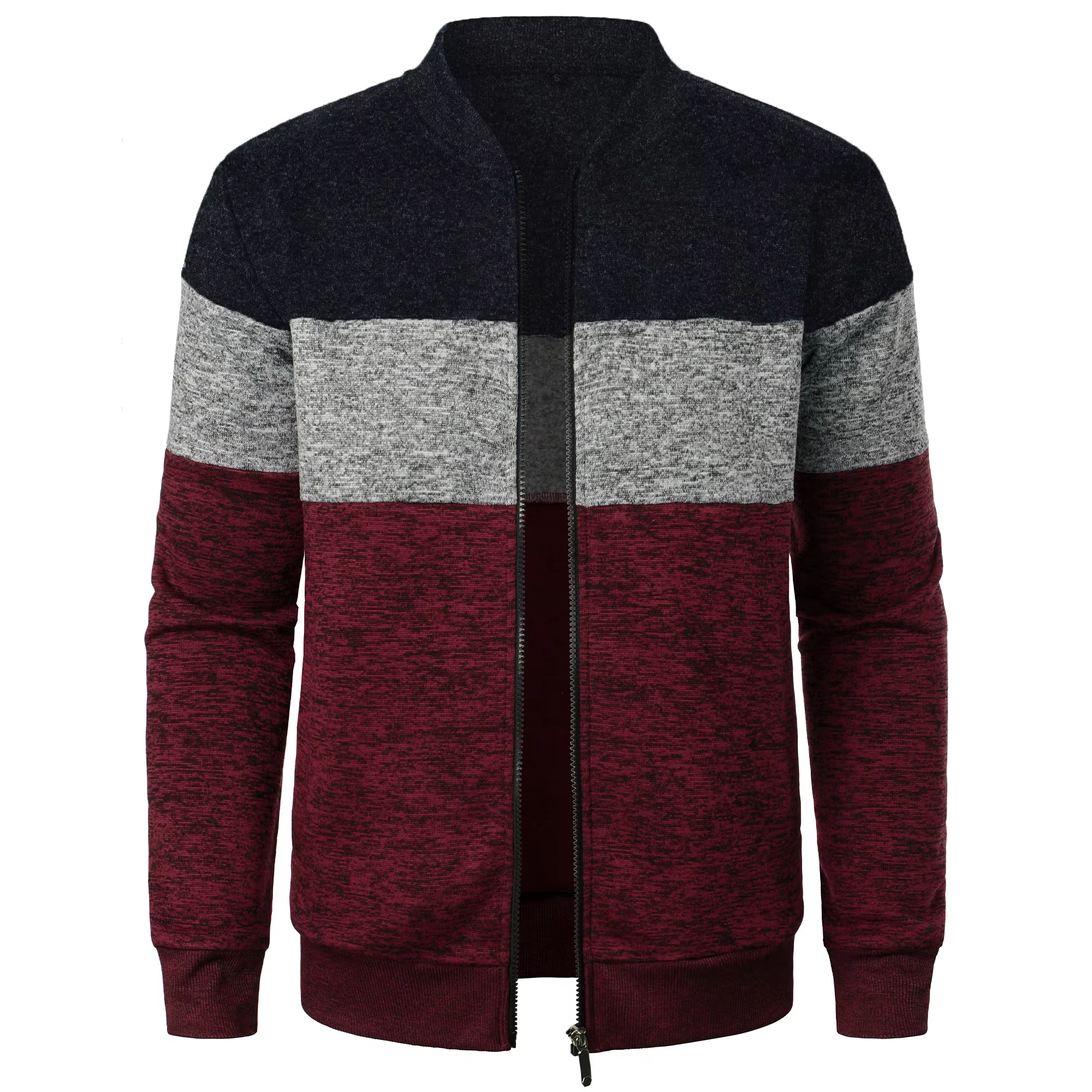 Autumn/winter men's stand-up collar striped check zipper knit top with fashion color matching