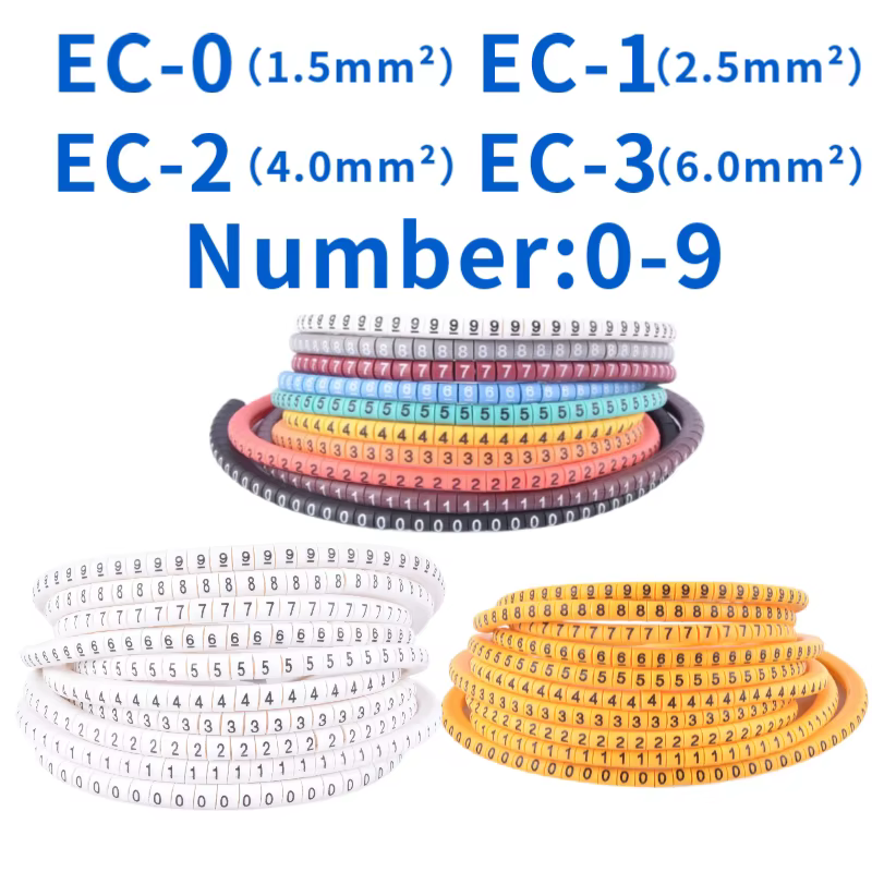 500PCS EC-0/1/2/3 Cable Wire Marker 0 to 9 For Cable Size 1.5/2.5/4.0/6.0 sqmm Colored number tube Cable Markers label marking