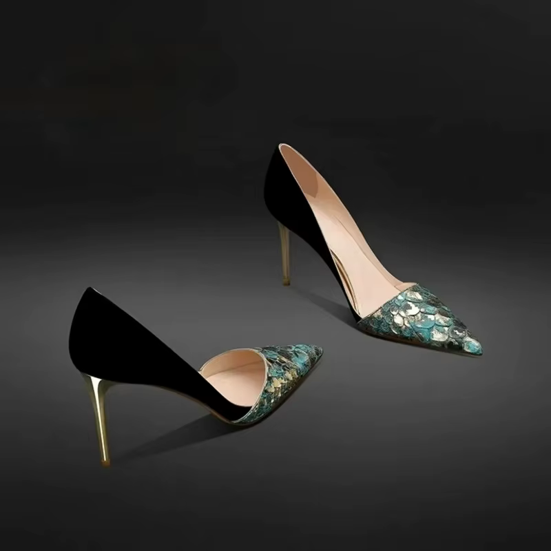 FHC 2024 New Genuine Leather Women Pumps,Side Shallow Out High Heels Autumn Shoes,Slip On,Green,Gold,Pointed Toe Dropship