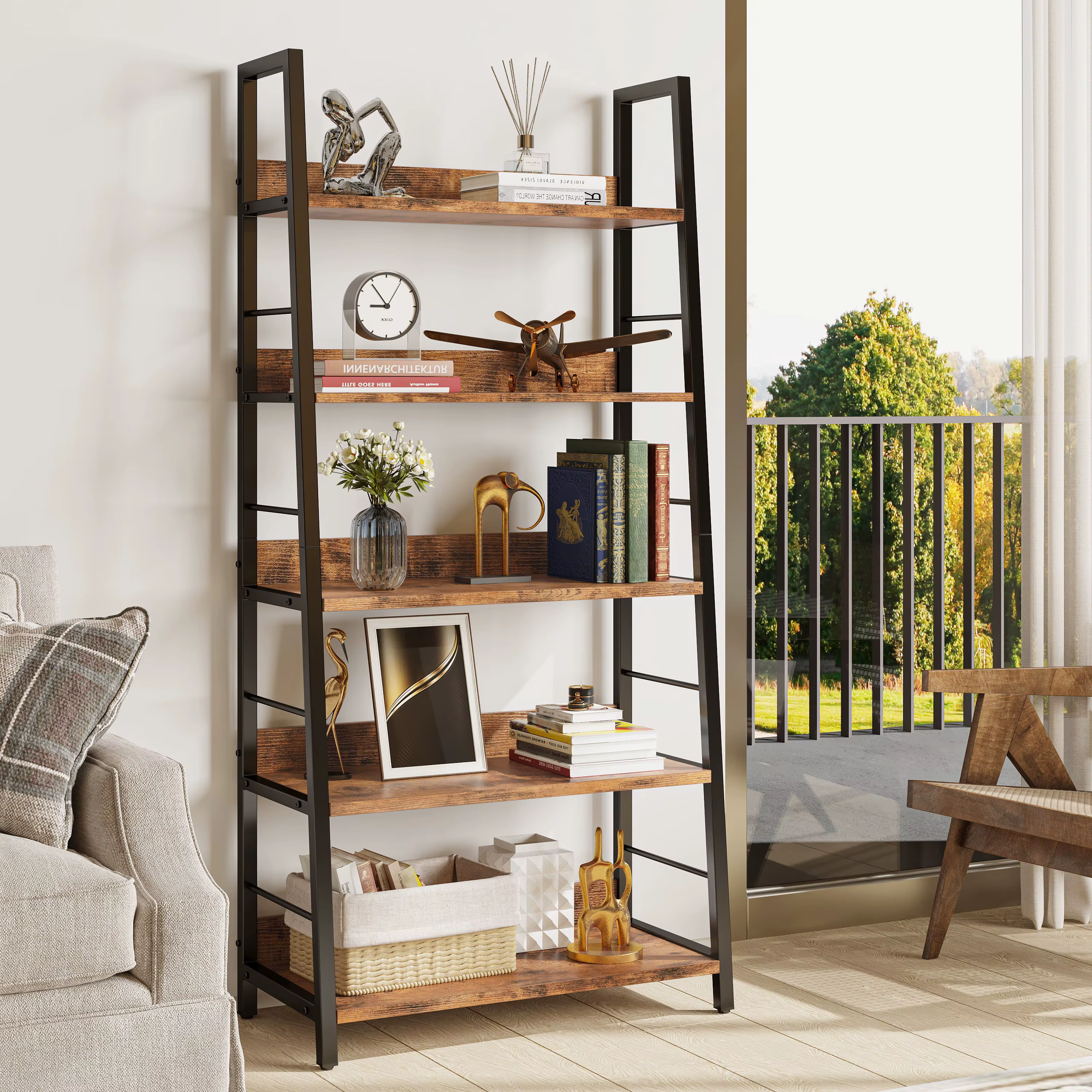 IRONCK Industrial Bookshelves and Bookcases, Ladder Shelf 5 Tier with Metal Frame for Living Room, Home Office, Rustics Brown