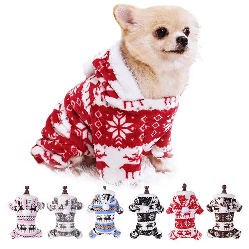 Thermal Coral Fleece Christmas Dog Pajamas Onesie for Small Medium Large Dogs, Reindeer Print Winter Dog Clothes Hooded Jumpsuit