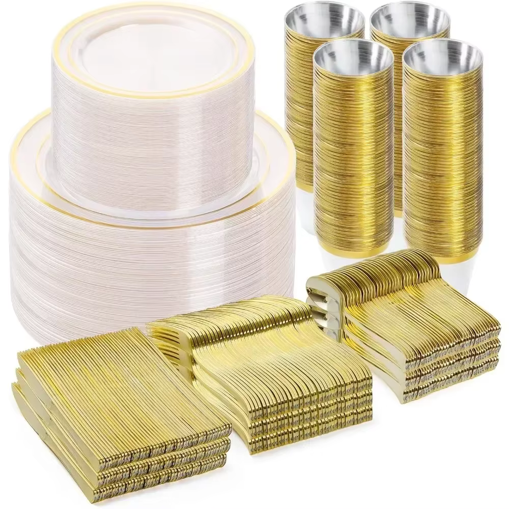 600 Piece Gold Plastic Dinnerware Set, 100 Guests, Dinner Plates, Dessert Plates, Cups, Spoons, Forks and Knives for Party