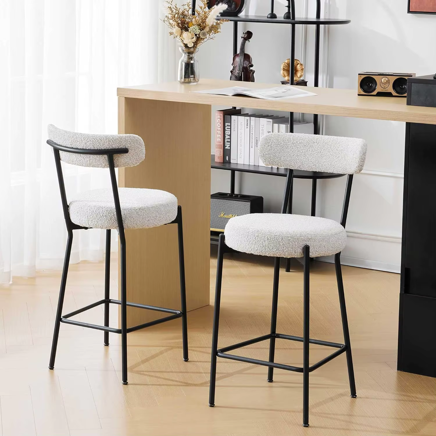 Set of 2 Modern barstool with curved soft backrest, sturdy metal frame, suitable for dining room, living room, bistro