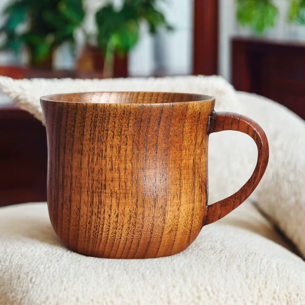 Handcrafted Natural Wooden Grain Mug with Comfortable Handgrip for Coffee, Milk, and Water - Elegant Kitchen Drinkware and Bever