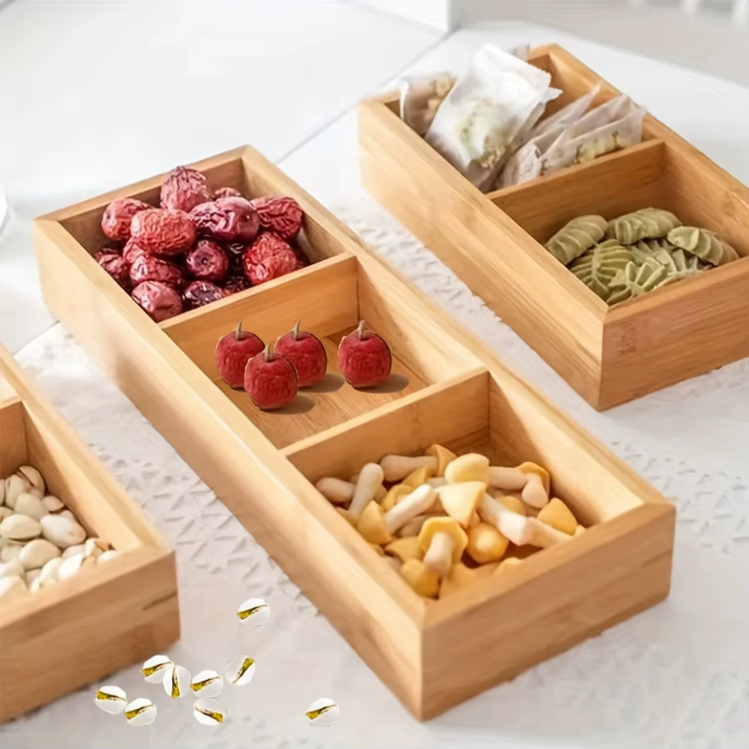 Bamboo Kitchen Organizer Box - Three Compartment Fruit Snack Candy Hot Pot Nut Storage Tray - Kitchen Accessories