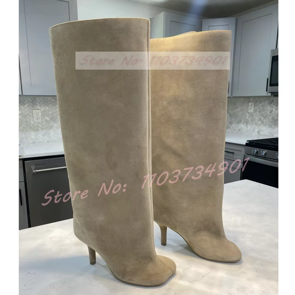 Beige Flock Square Toe Long Boots Women Fashion Pull On Stiletto High Heels Knee-High Boots Ladies Sexy Retro Party Modern Shoes