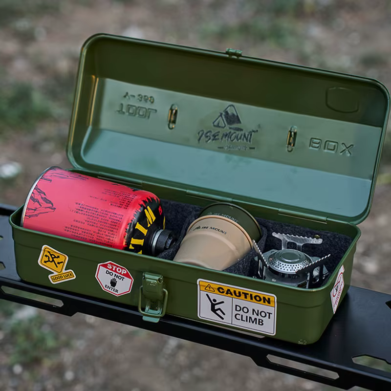 ISE MOUNT Outdoor Camping Toolbox With Stickers Miscellaneous Storage Box Portable Handheld Metal Storage Box